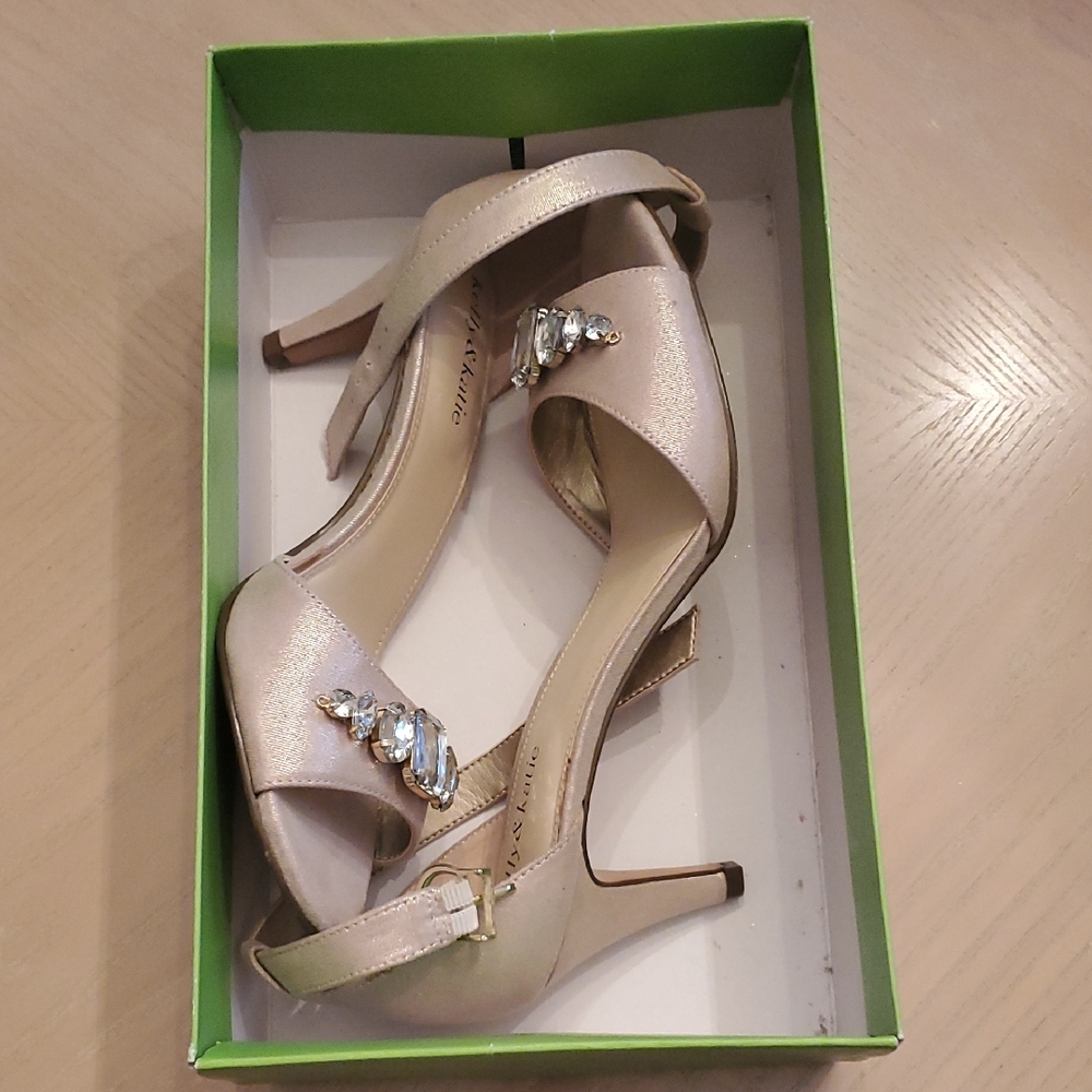 Kelly & Katie Champagne Metallic Open-Toe Heels with Crystal Embellishment